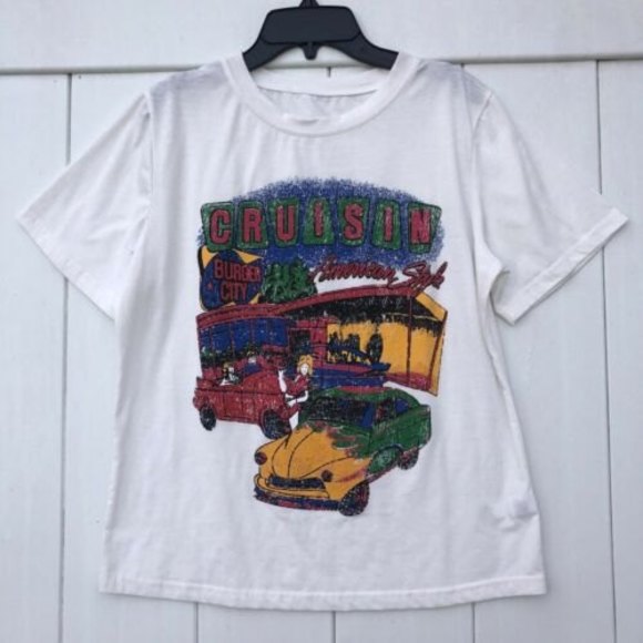 Shein White TShirt Colorful Old School American Burger Joint Print Size M - Picture 1 of 4